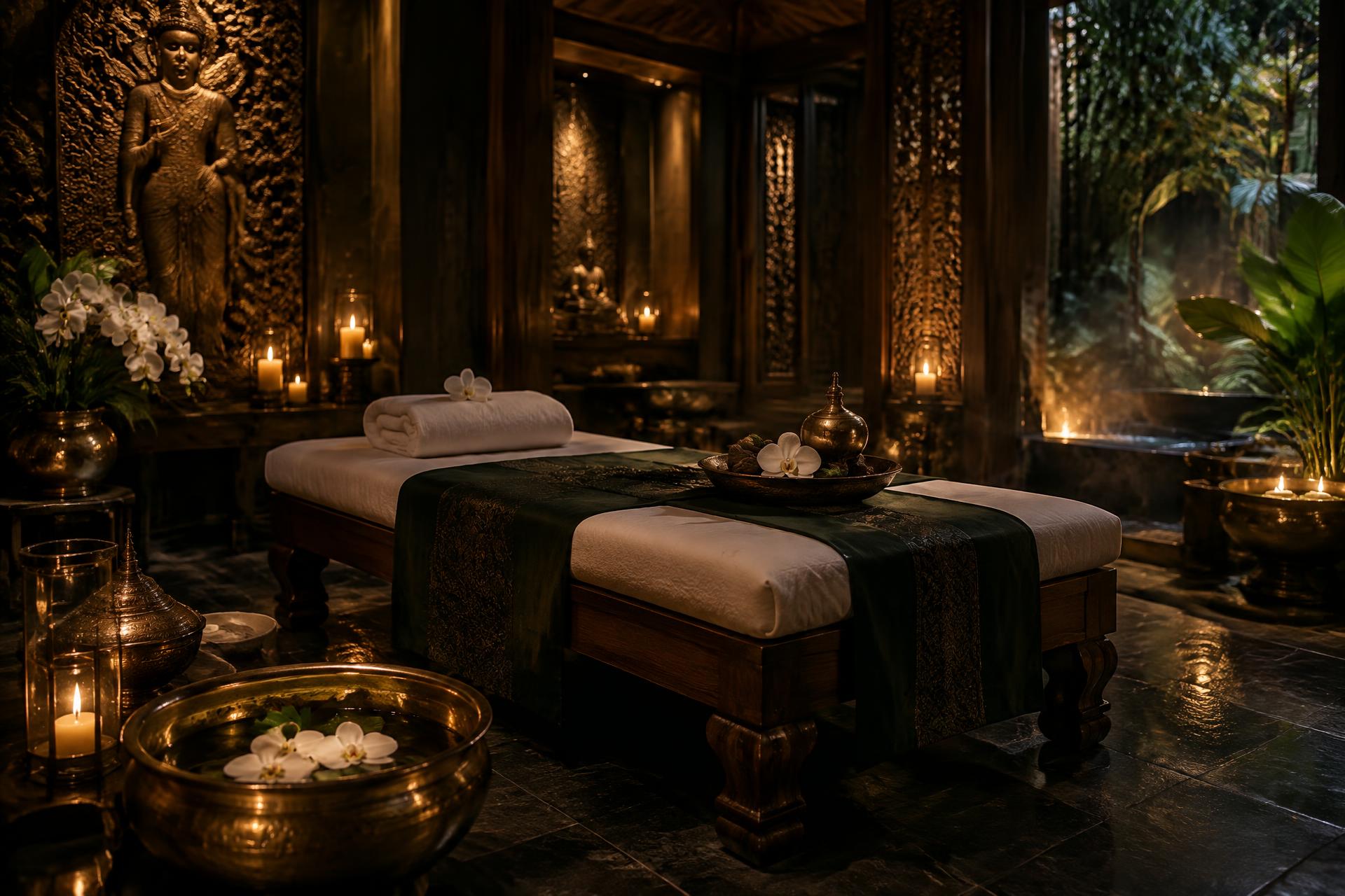 Αίθουσα θεραπείας Aura Thai Therapies με κεριά και παραδοσιακή ταϊλανδέζικη διακόσμηση